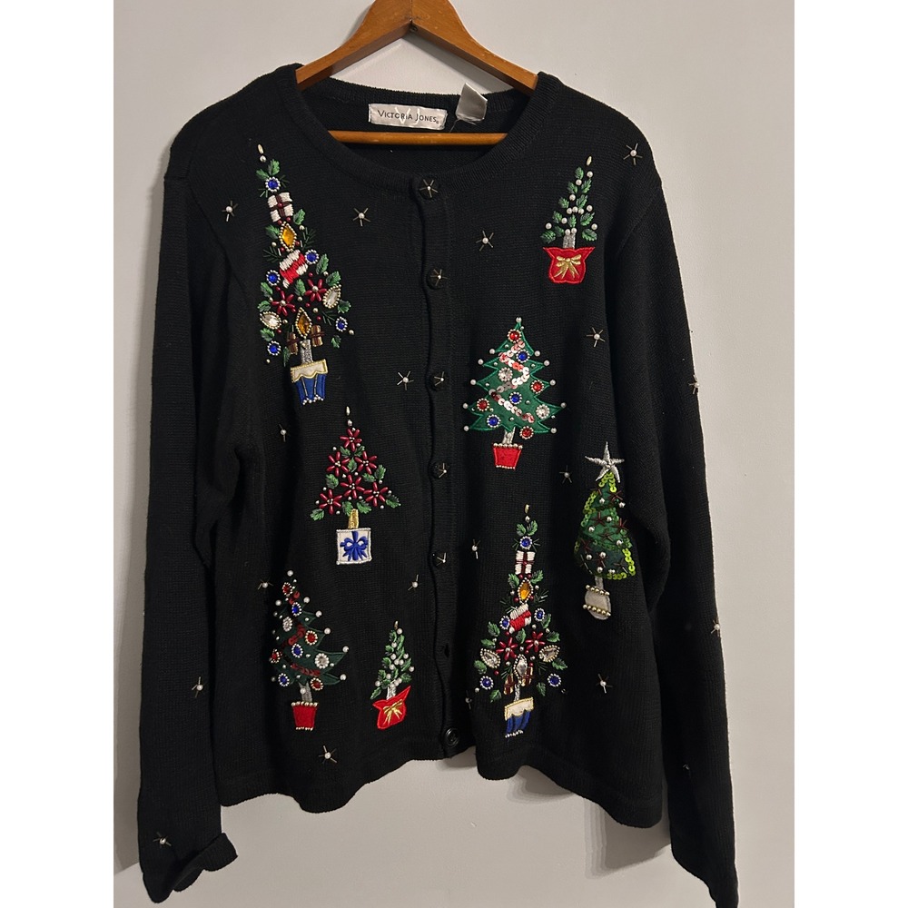 Victoria Jones Womens Black Beaded Christmas Tree Cardigan Sweater Large 322871